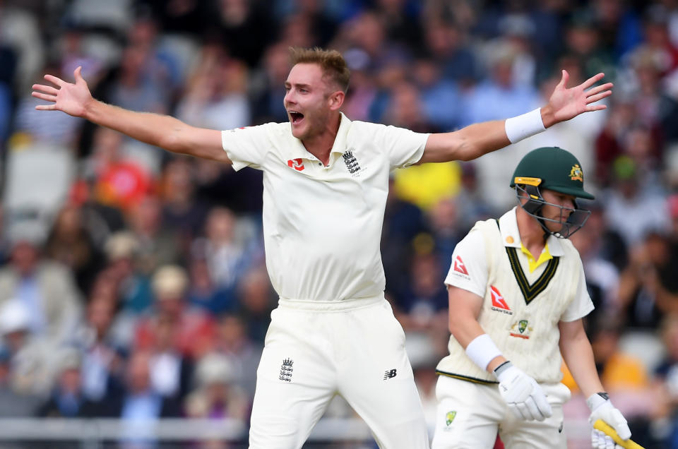 MANCHESTER, ENGLAND - SEPTEMBER 04:  Stuart Broad of England appeals successfully for the wicket of Marcus Harris of Australia during Day One of the 4th Specsavers Ashes Test between England and Australia at Old Trafford on September 04, 2019 in Manchester, England. (Photo by Alex Davidson/Getty Images)