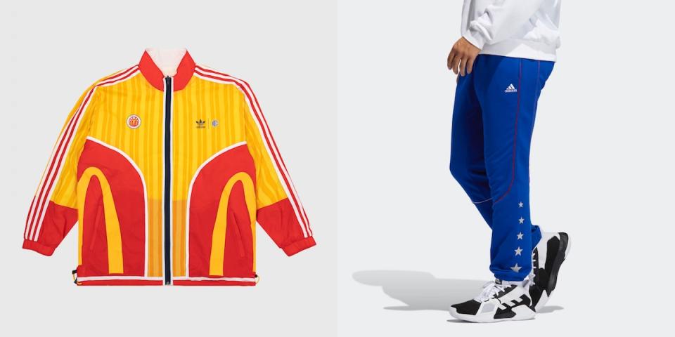 A yellow and red track jacket and blue pants, both from the Adidas' line of McDonald's All American Games collection