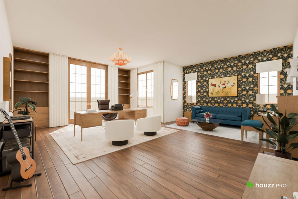<p>Houzz</p>Taylor Swift's Home Office<p>"This home office embodies the essence of a true boss and TIME Magazine’s Person of the Year," notes the team at Houzz. "Drawing inspiration from Taylor Swift’s iconic “Midnights” music videos, the room blends upscale, modern elements with a touch of ’70s flair to create a welcoming sanctuary adorned with plush furnishings and personal touches."</p><ul><li>Wooden floors</li><li>Large wooden desk accessorized with a vintage typewriter (plus a couch, she probably does most of her work on the sofa)</li><li>Built-in cabinets (we think she has lots of mementos)</li><li>Accent wallpaper</li><li>Modern lighting</li><li>Floor-to-ceiling white curtains and coordinating roman shades</li></ul><p><strong>Tour the <a href="https://www.houzz.com/for-pros/feature-3d-floor-plan?taylorswifthomeoffice#3dstories" rel="nofollow noopener" target="_blank" data-ylk="slk:3D Floor Plan;elm:context_link;itc:0;sec:content-canvas" class="link ">3D Floor Plan</a>, and get the look from this home office on the <a href="https://www.houzz.com/ideabooks/173749125/thumbs/taylor-swift" rel="nofollow noopener" target="_blank" data-ylk="slk:Houzz Shop;elm:context_link;itc:0;sec:content-canvas" class="link ">Houzz Shop</a>.</strong></p>