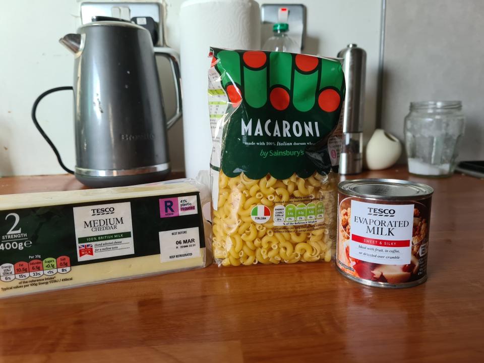 The three ingredients required to make the mac and cheese.