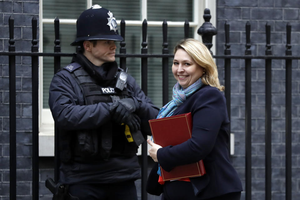 Britain's Secretary of State for Northern Ireland Karen Bradley arrives to attend a cabinet meeting at Downing Street in London, Tuesday, Jan. 15, 2019. Britain's Prime Minister Theresa May is struggling to win support for her Brexit deal in Parliament. Lawmakers are due to vote on the agreement Tuesday, and all signs suggest they will reject it, adding uncertainty to Brexit less than three months before Britain is due to leave the EU on March 29. (AP Photo/Kirsty Wigglesworth)