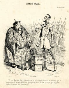 <span class="caption">China didn’t appreciate the UK’s imposition of free trade the first time round.</span> <span class="attribution"><a class="link " href="https://commons.wikimedia.org/wiki/File%3AOpium_War.jpg" rel="nofollow noopener" target="_blank" data-ylk="slk:Jean-Jacques Grandville / wikipedia;elm:context_link;itc:0;sec:content-canvas">Jean-Jacques Grandville / wikipedia</a></span>