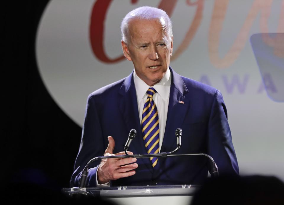 Former Vice President Joe Biden speaks at the Biden Courage Awards Tuesday, March 26, 2019, in New York. (AP Photo/Frank Franklin II)