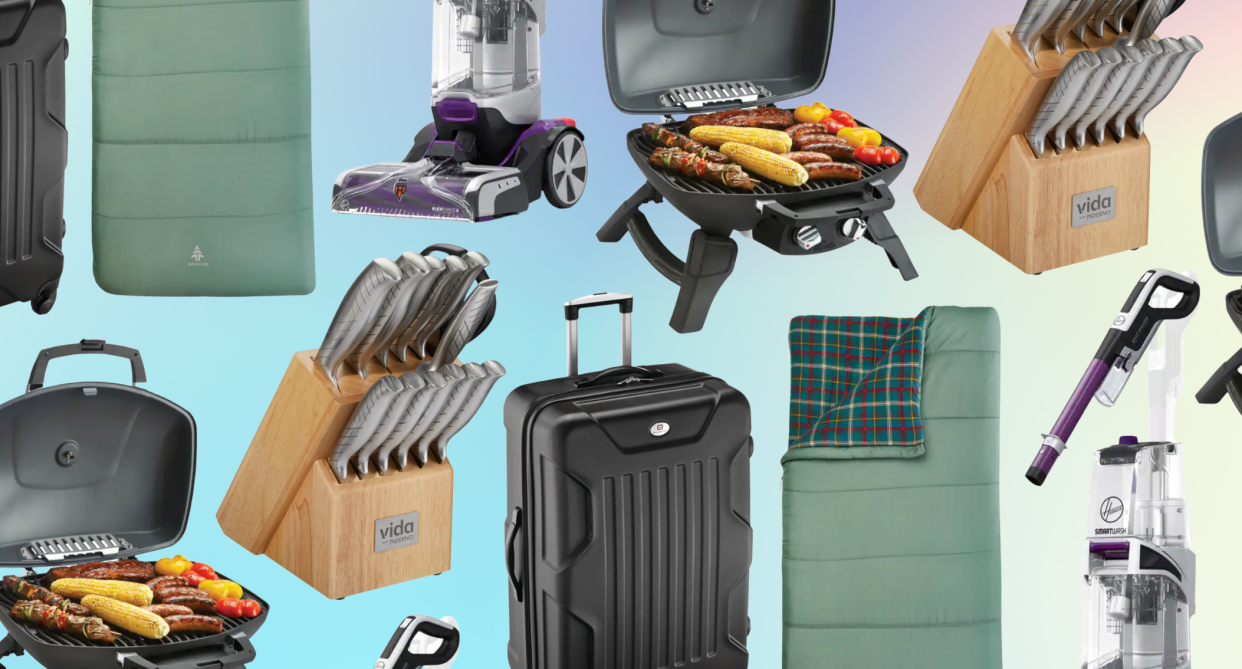 canadian tire knife set, black luggage, sleeping bag, bissell vacuum cleaner, portable BBQ