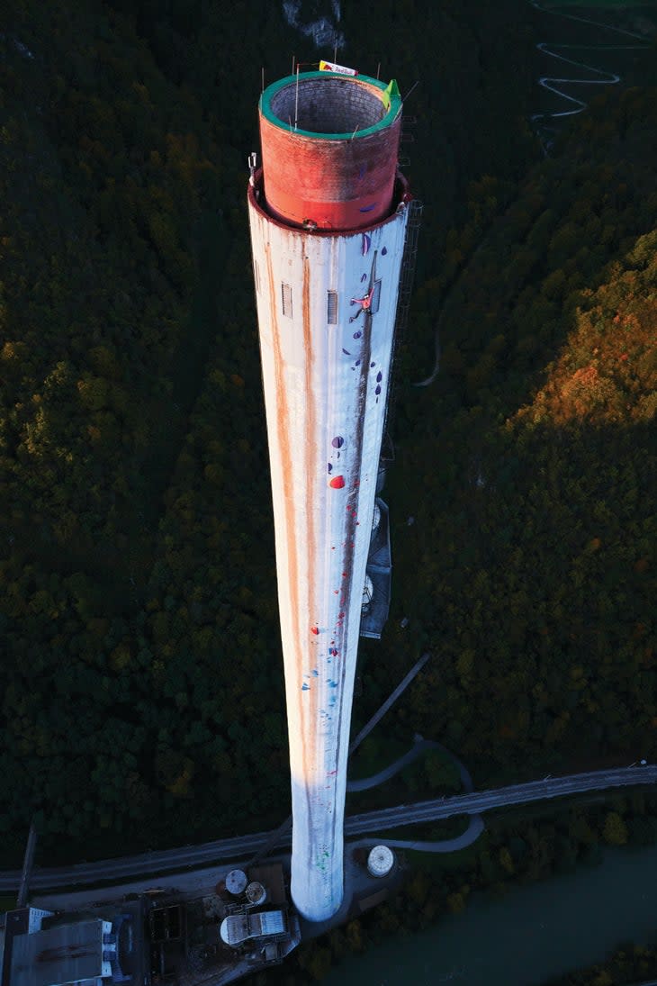 <span class="article__caption">A 1,181-foot smokestack near Trbovlje, Slovenia, was equipped with two tons of holds so Garnbret and Domen Skofic could, as a Red Bull promotion, climb it. The daunting, dynamic 13-pitch route, Never Ending Story (5.14a), was destined never to be repeated--the holds were stripped after Garnbret and Skofic's ascent. </span> (Photo: Jakob Schweighofer / Red Bull Content Pool)