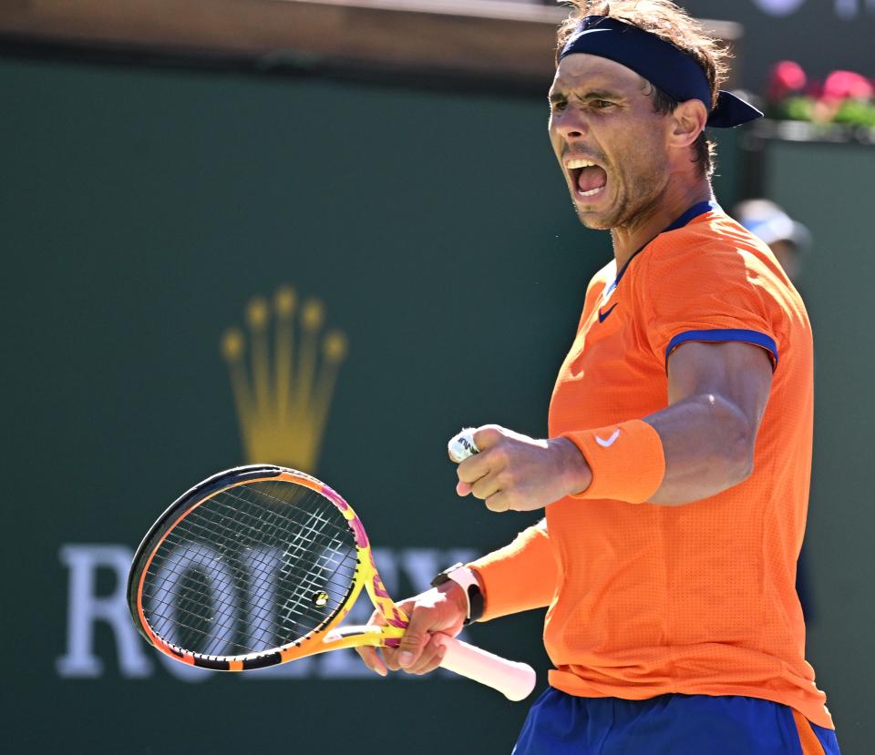 Rafael Nadal celebrates after winning a shot against Sebastian Korda in the third-set tiebreaker at the BNP Paribas Open at the Indian Wells Tennis Garden.