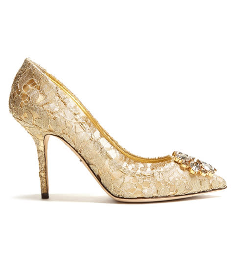 <p><strong>Dolce & Gabbana</strong> pumps, $995, matchesfashion.com</p><p><a rel="nofollow noopener" href="https://www.matchesfashion.com/us/products/Dolce-%26-Gabbana-Belluci-crystal-embellished-lace-pumps-1180965" target="_blank" data-ylk="slk:BUY NOW;elm:context_link;itc:0;sec:content-canvas" class="link ">BUY NOW</a><br></p>