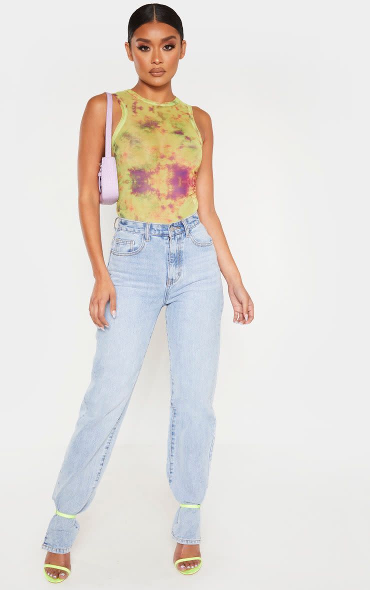 14) Multi Tie-Dye Printed Sheer Mesh Ruched Racer Crop Top