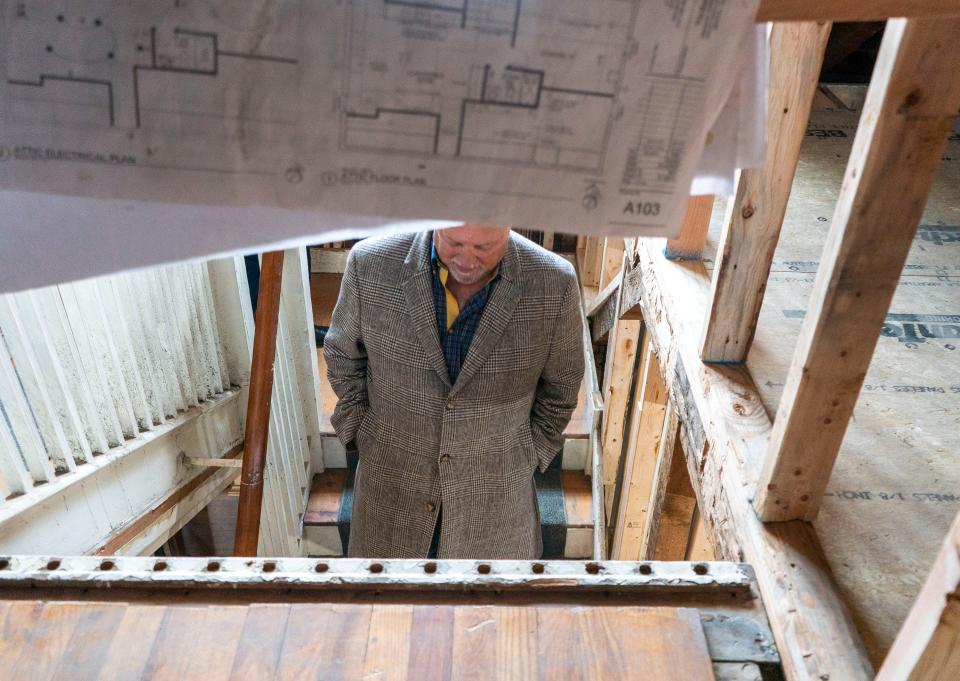Bernard Mazzocchi walks through the former Fidelity Savings & Loan building he is renovating into a boutique hotel on Radcliffe St. in Bristol on Monday, Mar.4, 2024.