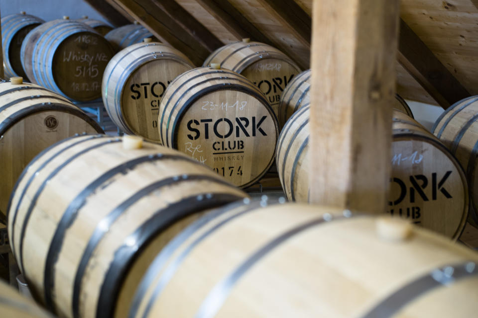 In this Thursday, Feb. 28, 2019 photo, barrels of Stork Club whiskey storage at the German whiskey maker Spreewood Distillery in Schlepzig, Germany. (AP Photo/Markus Schreiber)