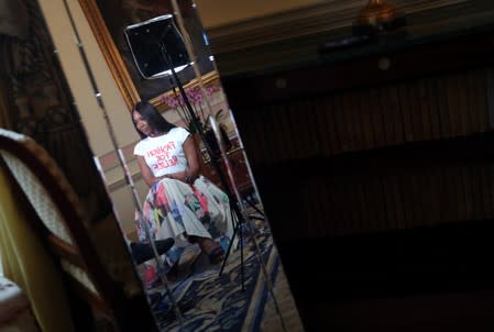 International supermodel and activist Naomi Campbell speaks to Reuters during an interview in London