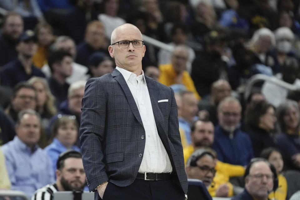 Connecticut head coach Dan Hurley reacts during the first half of an NCAA college basketball game Wednesday, Jan. 11, 2023, in Milwaukee. (AP Photo/Morry Gash)
