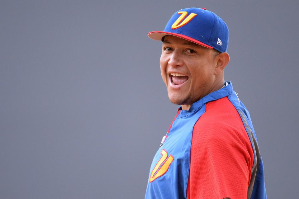Venezuela infielder Miguel Cabrera (24) smiles during batting practice before the game against the Dominican Republic during the 2017 World Baseball Classic at Petco Park in San Diego on March 16, 2017.