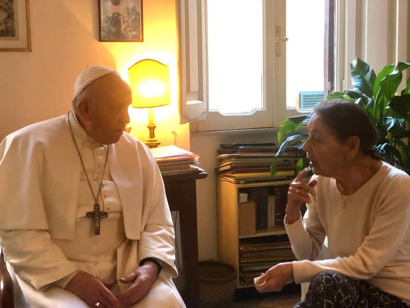 Poetess and Holocaust survivor, Edith Bruck, greets Pope Francis in Rome