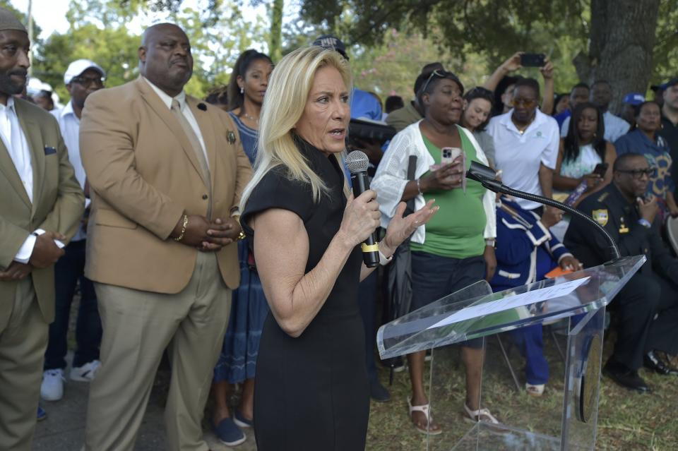 Jacksonville Mayor Donna Deegan speaks during a prayer vigil Sunday evening in the New Town neighborhood. Deegan joined local and state leaders gathered with neighborhood residents a short distance from the Dollar General store where a white Clay County man killed three Black people a day earlier. Deegan called for unity in wake of the killings.