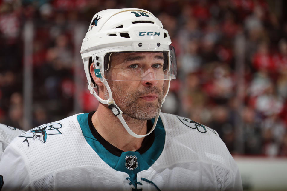 NEWARK, NEW JERSEY - FEBRUARY 20: Patrick Marleau #12 of the San Jose Sharks plays against the New Jersey Devils at the Prudential Center on February 20, 2020 in Newark, New Jersey. The Devils defeated the Sharks 2-1. (Photo by Bruce Bennett/Getty Images)