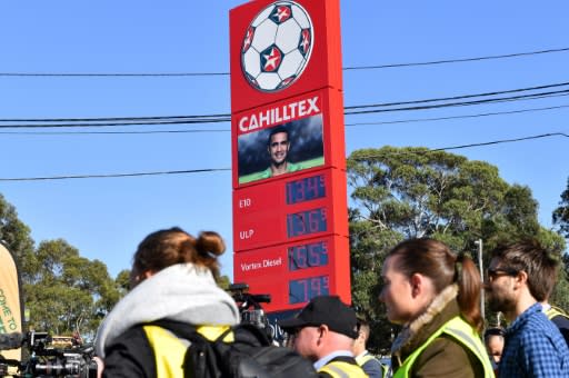 Australia's Socceroos key sponsor Caltex displays veteran Tim Cahill's picture as new advertising campaign at the company's petrol station in Sydney on May 15, 2018. Australian football chiefs were forced to deny that veteran Tim Cahill was in the country's World Cup squad for commerical reasons after in-form Hibernian striker Jamie Maclaren was axed