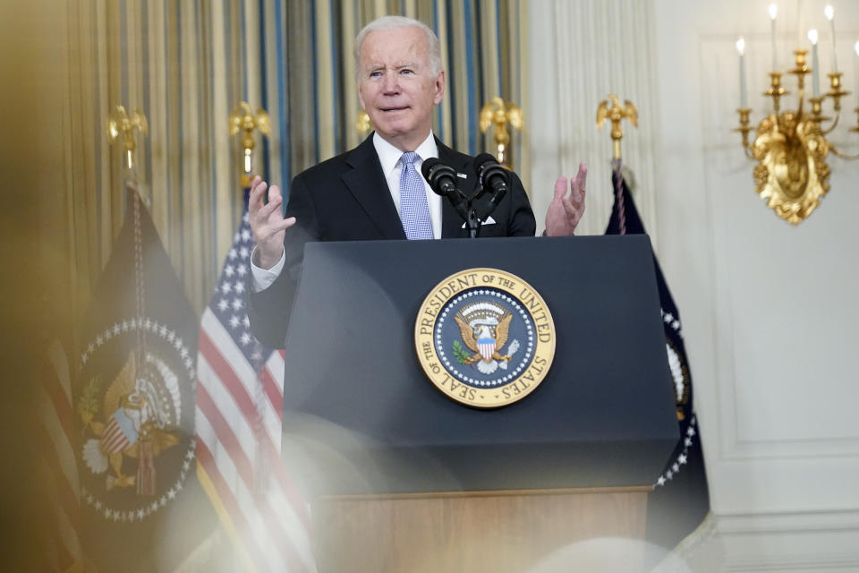 President Joe Biden speaks about the bipartisan infrastructure bill in the State Dinning Room of the White House, Saturday, Nov. 6, 2021, in Washington. (AP Photo/Alex Brandon)