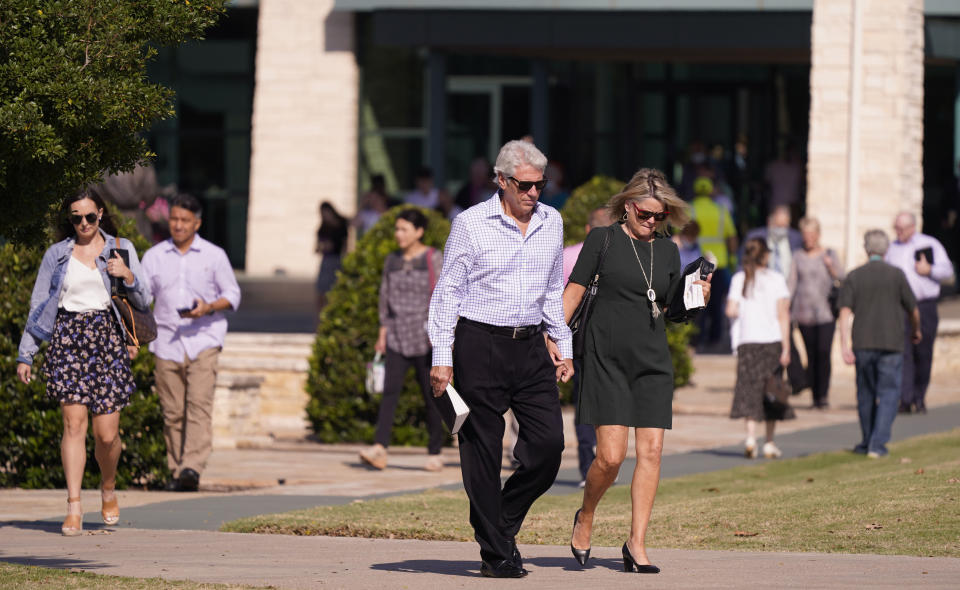 Members of Prestonwood Baptist Church walk from the church after morning services Sunday, Oct. 11, 2020, in Plano, Texas. Three weeks before the U.S. presidential election, an evangelical church in a Dallas suburb has emerged as a front for Republicans fighting to keep the diversifying state from flipping to Democratic presidential candidate Joe Biden. (AP Photo/LM Otero)