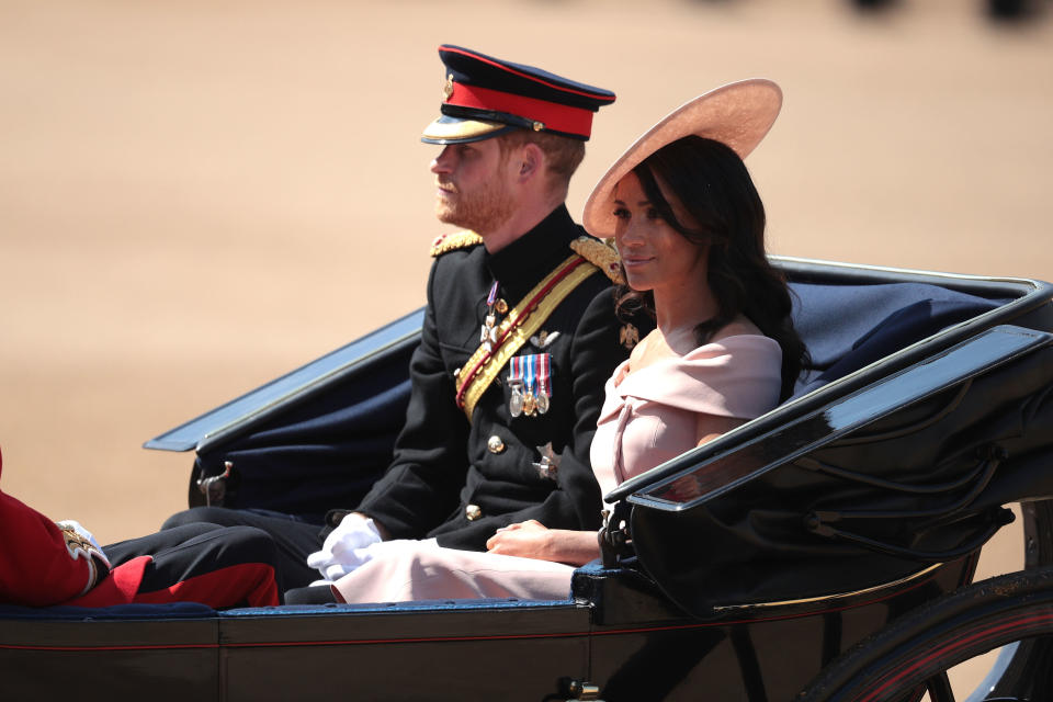 Prince Harry, Duke of Sussex, and Meghan Markle, Duchess of Sussex, arrive at The Royal Horseguards during Trooping the Colour ceremony on June 9, 2018 in London, England