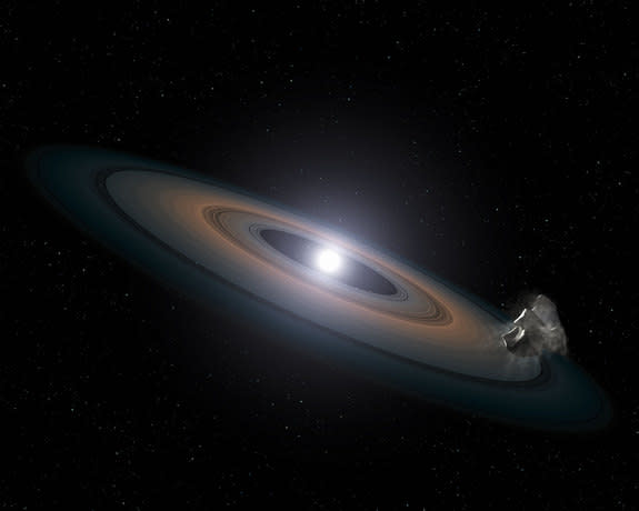 This illustration is an artist's impression of the thin, rocky debris disc discovered around the two Hyades white dwarfs.