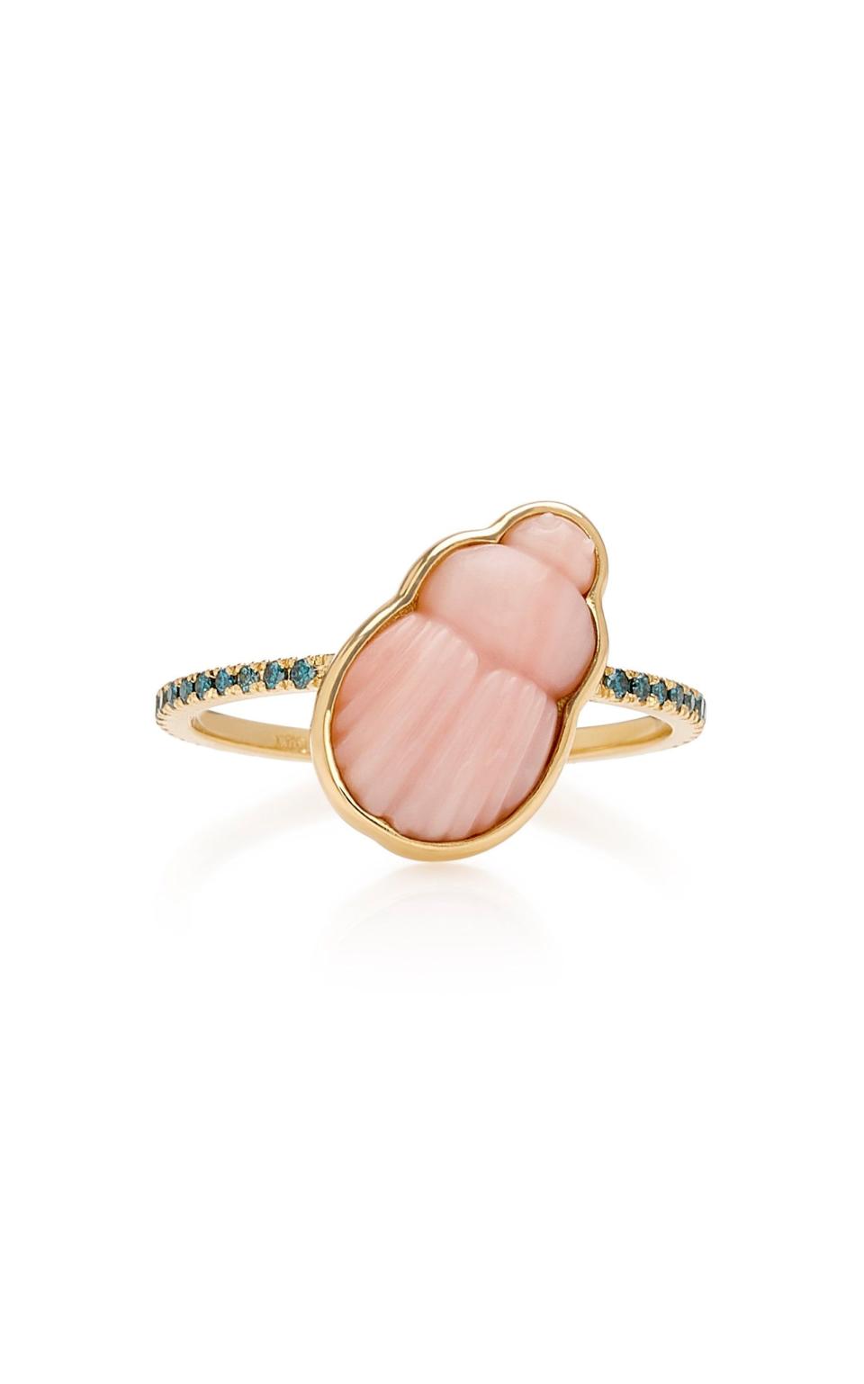 14K Gold Pink Opal Scarab and Blue Diamond Ring
