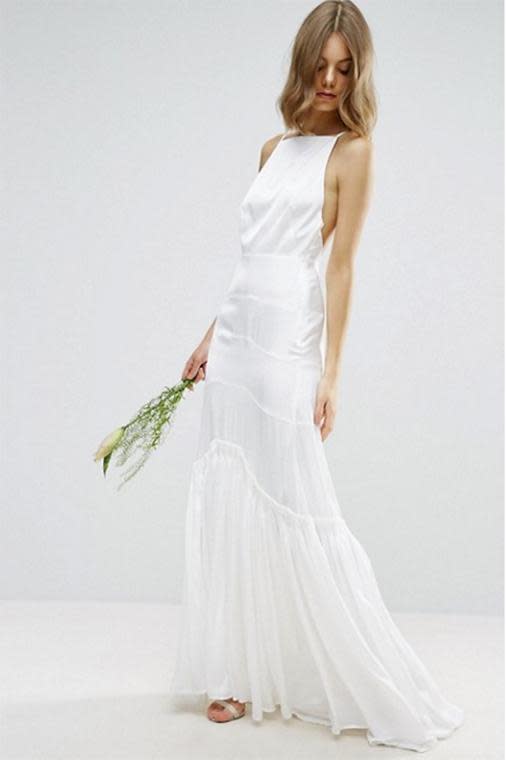 Cami Maxi Dress with Concertina Folding - <a rel="nofollow noopener" href="http://www.asos.com/asos/asos-bridal-cami-maxi-dress-with-concertina-folding/prd/7283018?iid=7283018&clr=White&SearchQuery=bridal&pgesize=37&pge=0&totalstyles=37&gridsize=3&gridrow=5&gridcolumn=3" target="_blank" data-ylk="slk:$292.83;elm:context_link;itc:0;sec:content-canvas" class="link ">$292.83</a>