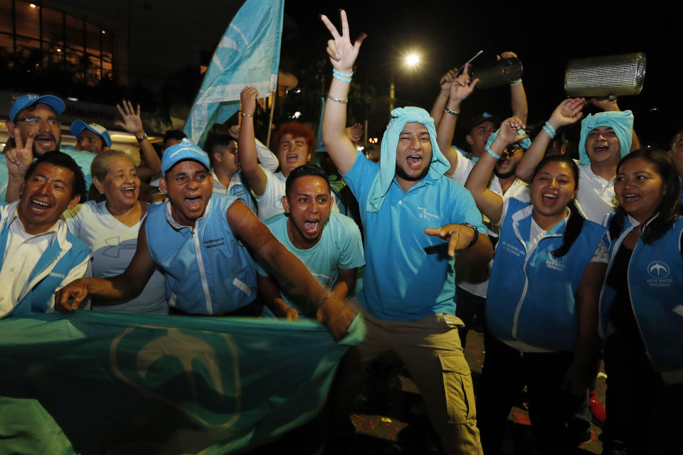 Supporters of the Grand National Alliance for Unity cheer for their presidential candidate Nayib Bukele in San Salvador, El Salvador, Feb. 3, 2019. Bukele, a former mayor of El Salvador's capital, was making a strong run Sunday to end a quarter century of two-party dominance in the crime-plagued Central American nation. (AP Photo/Moises Castillo)