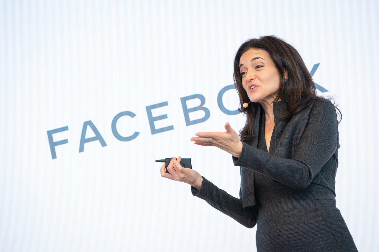 Facebook's Chief Operating Officer Sheryl Sandberg speaks during a press conference in London to announce the social media company's plans to hire 1,000 more people in the UK by the end of 2020. PA Photo. Picture date: Tuesday January 21, 2020. See PA story TECHNOLOGY Facebook. Photo credit should read: Dominic Lipinski/PA Wire (Photo by Dominic Lipinski/PA Images via Getty Images)