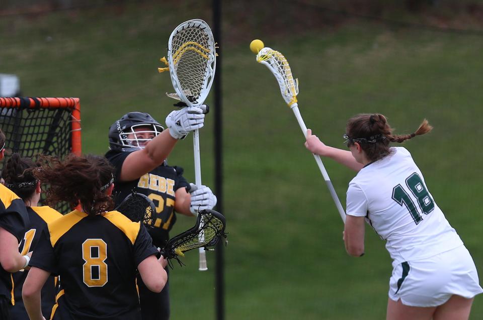 Pleasantville's Kayla Collins (18) fires a shot that is stopped by Lakeland/Panas goalie Kaelen Sieja (27) during girls lacrosse action at Pleasantville High School April 7, 2023. Lakeland/Panas won the game 15-12.  