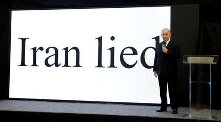 Israeli Prime minister Benjamin Netanyahu speaks during a news conference at the Ministry of Defence in Tel Aviv, Israel April 30, 2018. REUTERS/ Amir Cohen