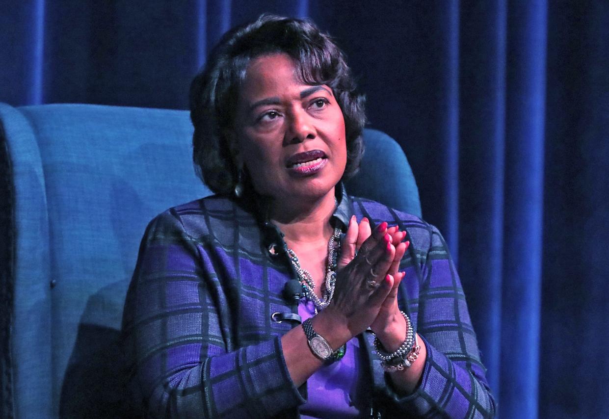 Bernice King, daughter of Martin Luther King Jr. and Coretta Scott King, answers a question from the moderator during her address in the student center ballroom as part of Kent State University's Martin Luther King Jr. Day celebration on Thursday.