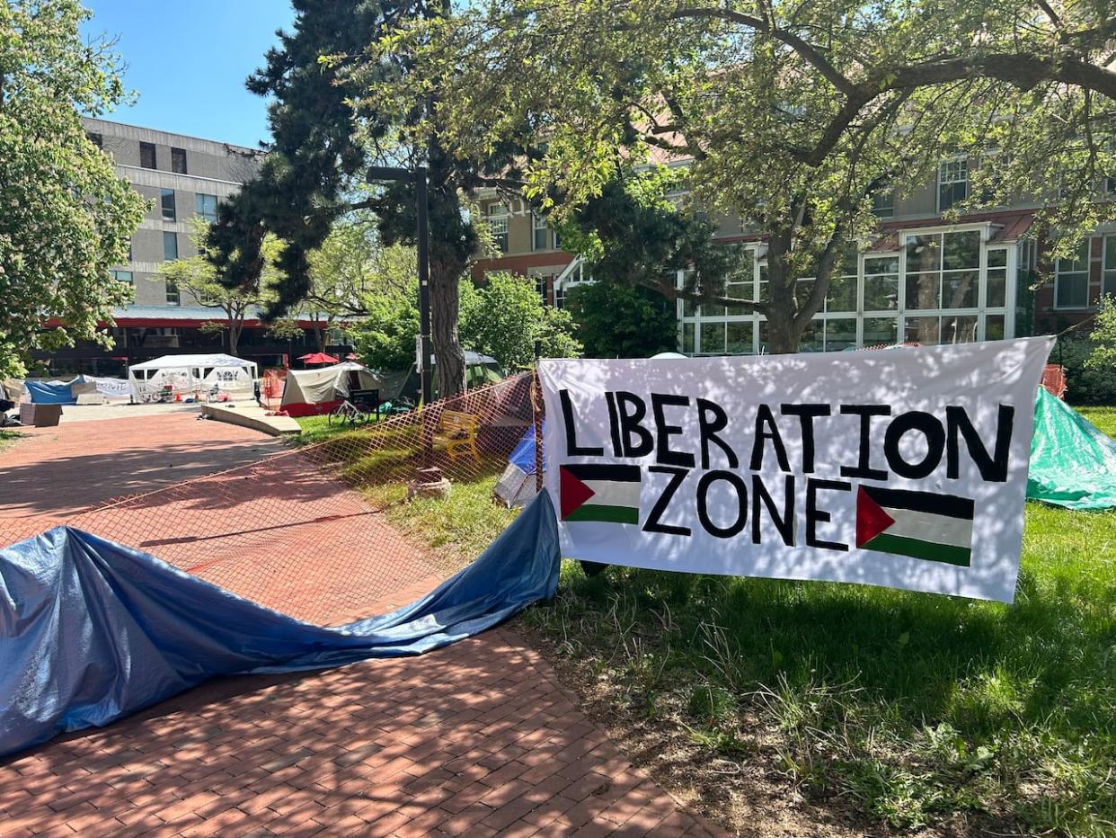 An encampment has been set up at the Univeristy of Guelph as of Tuesday, May 21, 2024 by a group called UoGforPalestine. (Cameron Mahler/CBC - image credit)