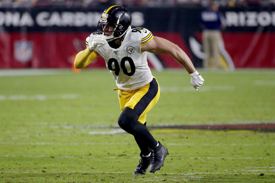 Pittsburgh Steelers outside linebacker T.J. Watt (90) lines up against the Arizona Cardinals during the second half of an NFL football game, Sunday, Dec. 8, 2019, in Glendale, Ariz. (AP Photo/Rick Scuteri)