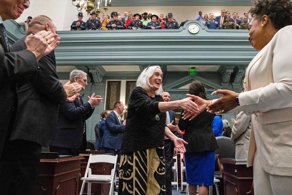 First Lady Tracey Quillen Carney greets attendees as she arrives for Gov. John Carney's State of the State Address at Legislative Hall in Dover, Tuesday, March 5, 2024. The event was rescheduled from January after Carney fell ill.