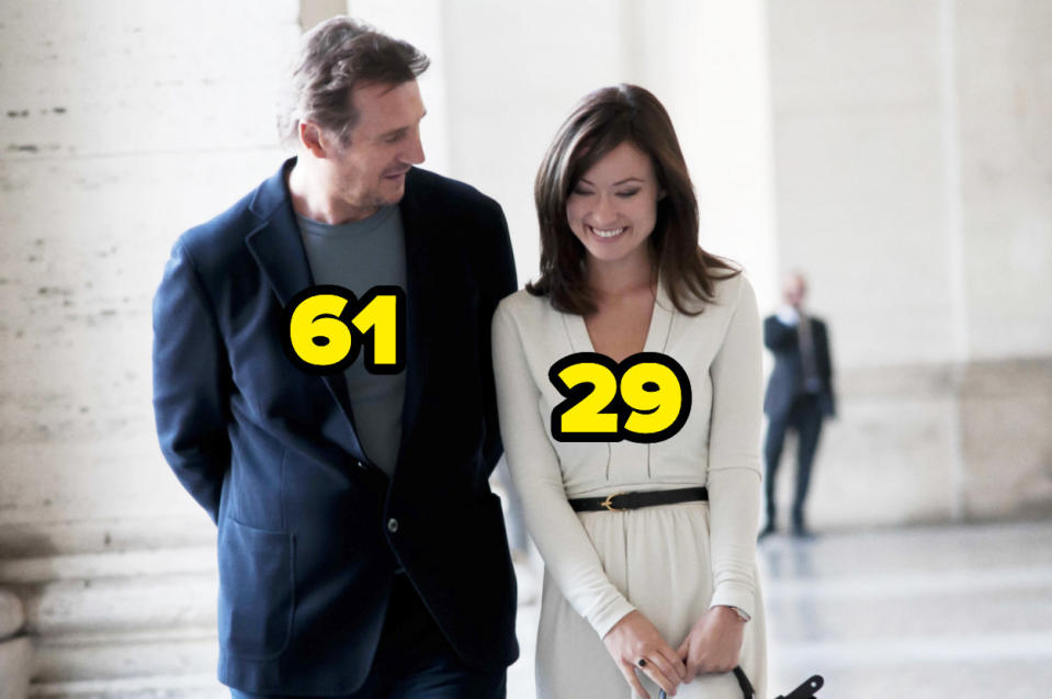 61-year-old Liam Neeson walking next to 29-year-old Olivia Wilde