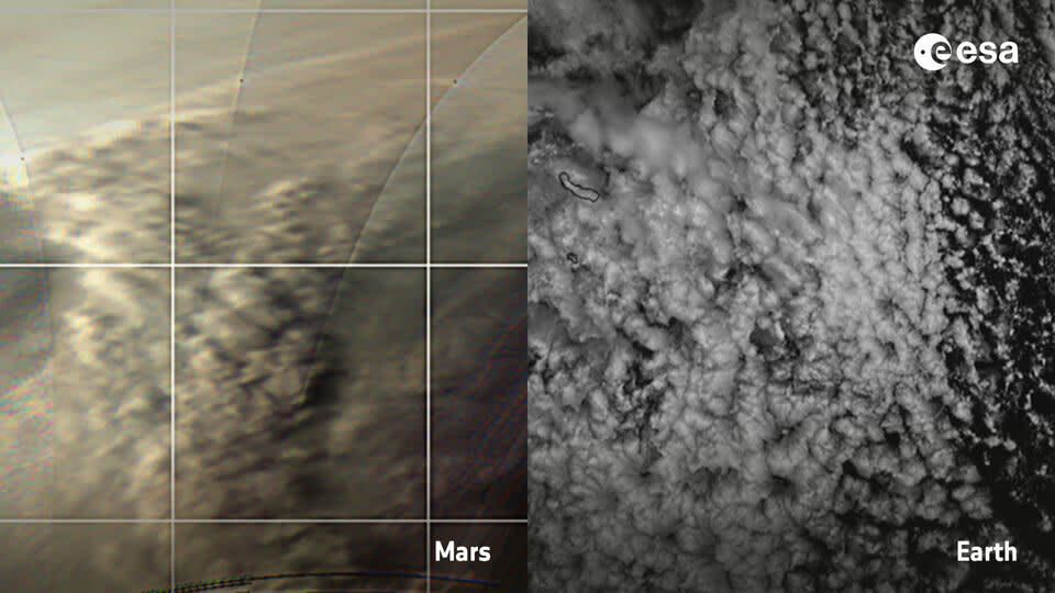 <div class="inline-image__caption"><p>Similar cloud patterns on Mars and Earth.</p></div> <div class="inline-image__credit">ESA</div>