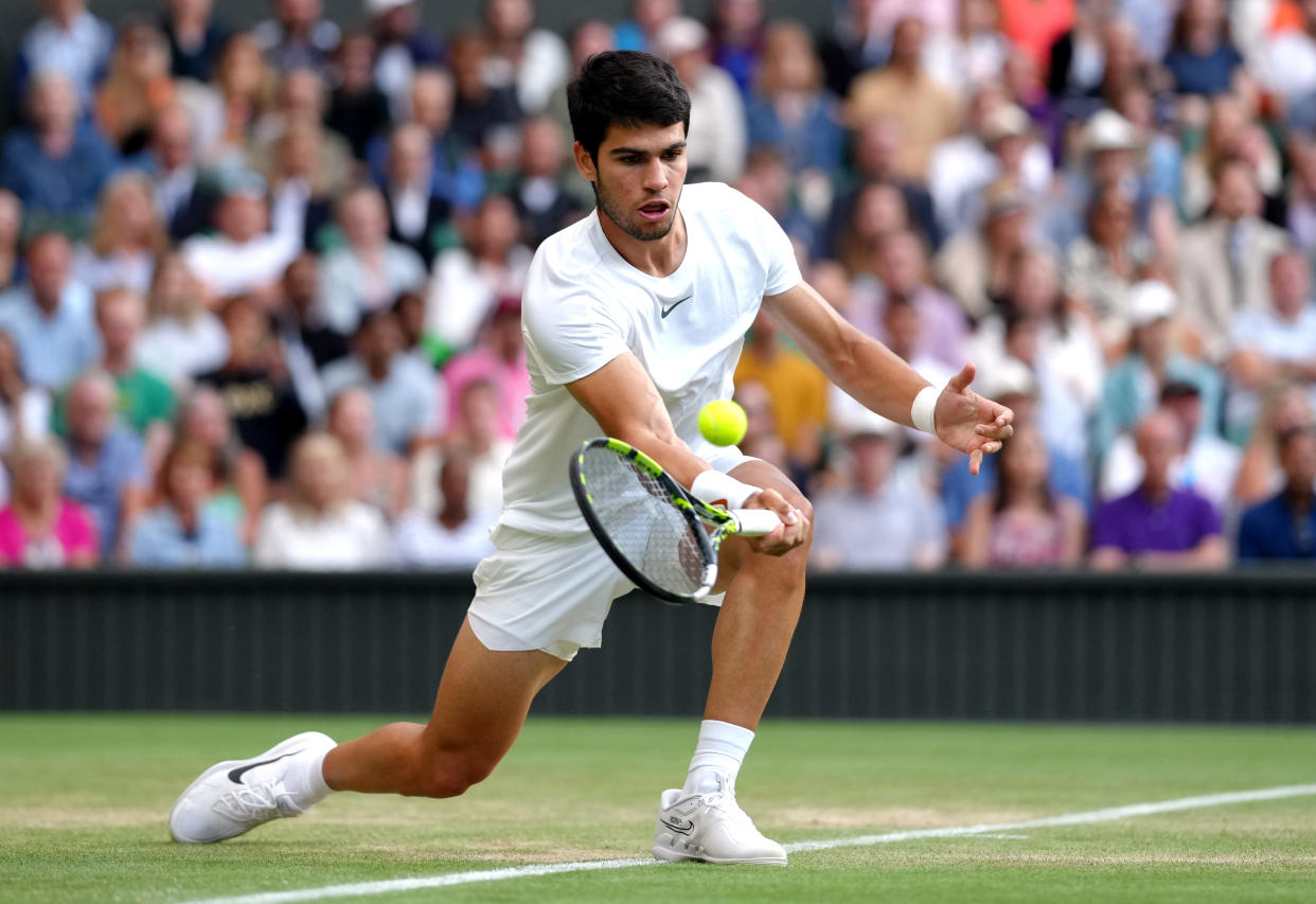 Carlos Alcaraz in action against Matteo Berrettini (not pictured) on day eight of the 2023 Wimbledon Championships at the All England Lawn Tennis and Croquet Club in Wimbledon. Picture date: Monday July 10, 2023. (Photo by John Walton/PA Images via Getty Images)