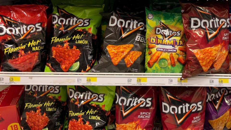 Super Hot and spicy flavored big brand potato chips by Doritos, Ruffles and Cheetos, Target Store, Queens, New York