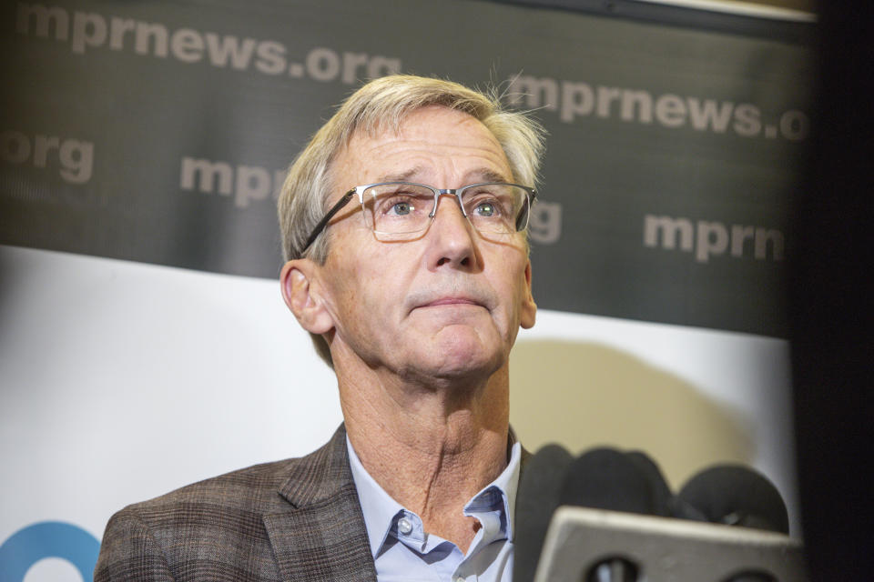 Gubernatorial candidate Scott Jensen holds a press conference after the third and final gubernatorial debate at the Fitzgerald Theater Friday, Oct. 28, 2022, in St. Paul, Minn.. (AP Photo/Nicole Neri)