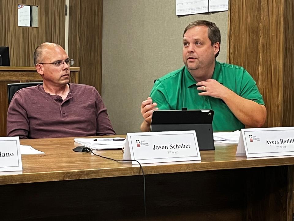 Marion City Councilmen Jason Schaber, Ward 3, left, and Ayers Ratliff, Ward 2, right, expressed frustration with the performance of city Auditor Miranda Meginness on several occasions this year. Ratliff proposed a vote of no confidence against Meginness in July, but that effort failed.