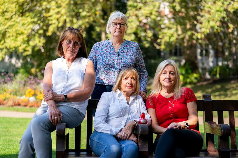 (left-right) Nicola Leahey, Joan Edgington, Sue Wathen and Christine Burney, whose husband died after being infected with hep C, during an interview in Victoria Embankment, -Credit:PA