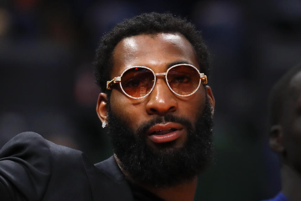 Detroit Pistons center Andre Drummond watches from the bench in the first half of an NBA basketball game against the Washington Wizards in Detroit, Monday, Dec. 16, 2019. (AP Photo/Paul Sancya)