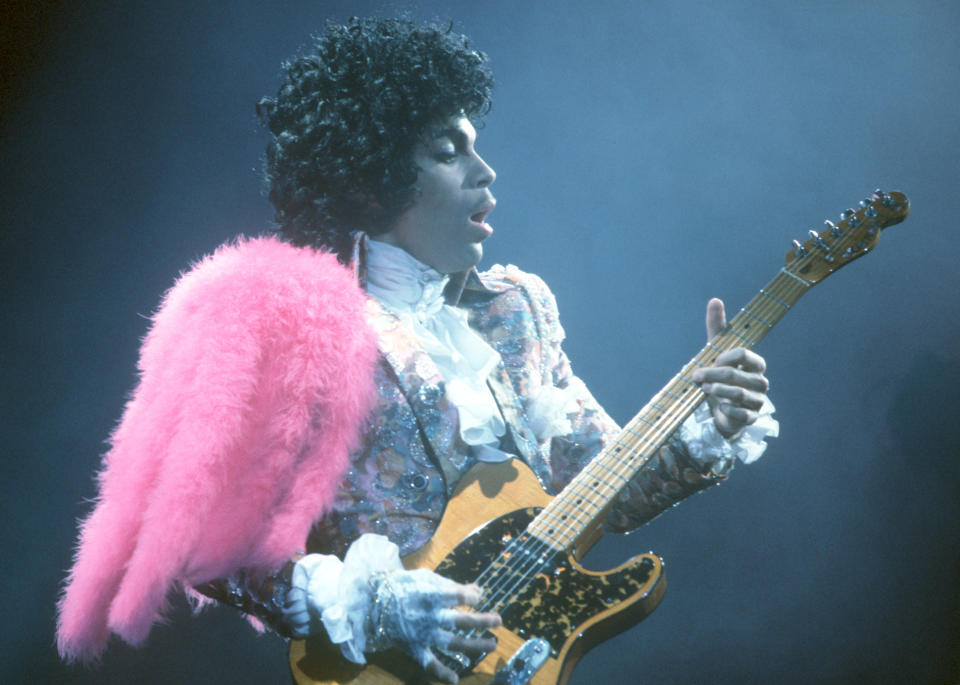 <p>Prince, the musician known as much for his music as for his outlandish performances and glamorous presentation, died at his home on April 21. He was 57. The cause of death was later confirmed to be an accidental overdose of fentanyl. — (Pictured) Prince performs live at the Fabulous Forum in 1985 in Inglewood, California. (Michael Ochs Archives/Getty Images) </p>