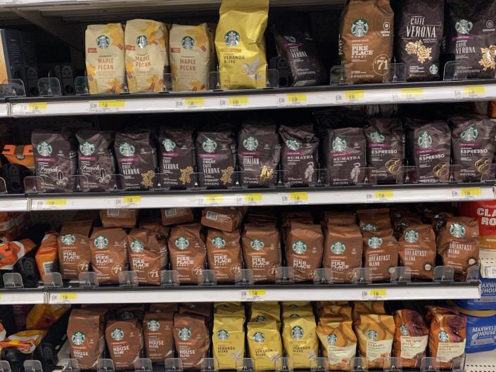 Starbucks coffee on shelving at a target