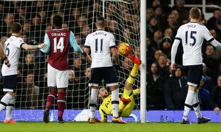 Football Soccer - West Ham United v Tottenham Hotspur - Barclays Premier League - Upton Park - 2/3/16 Michail Antonio (not pictured) scores the first goal for West Ham Reuters / Stefan Wermuth Livepic EDITORIAL USE ONLY.