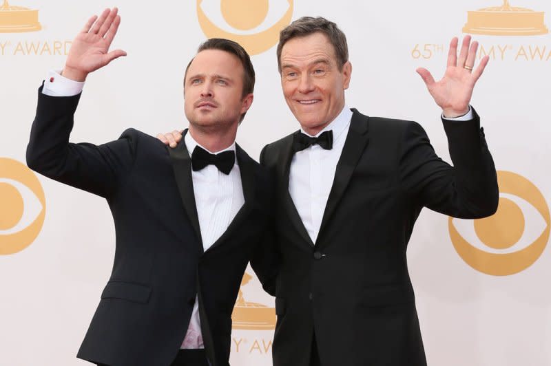 Aaron Paul (L) and Bryan Cranston launched their Dos Hombres Mezcal in 2019. File Photo Danny Moloshok/UPI