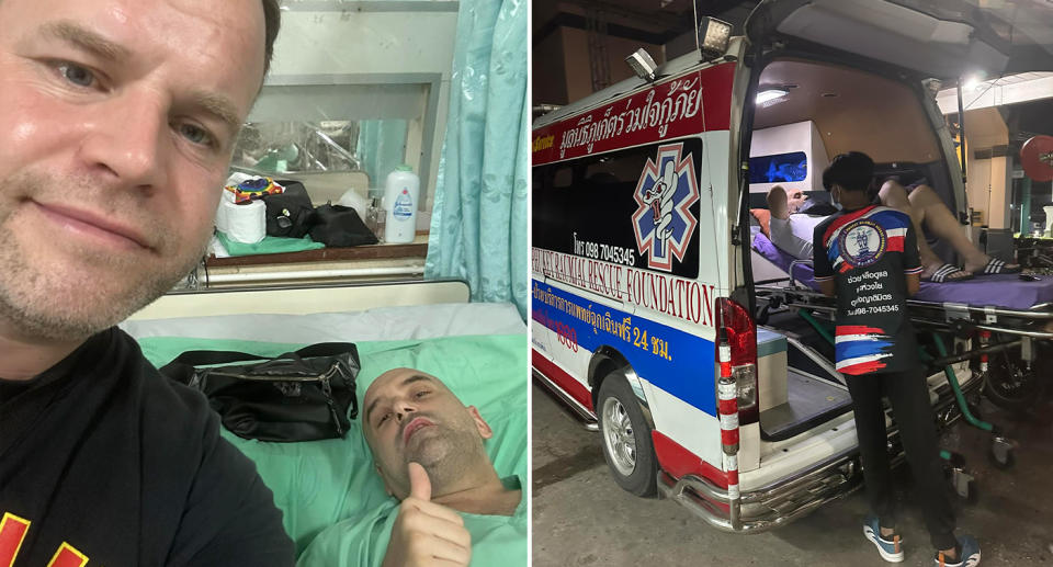 Ben with Dean in hospital in Thailand. Right is Dean in the back of an ambulance after falling ill. 