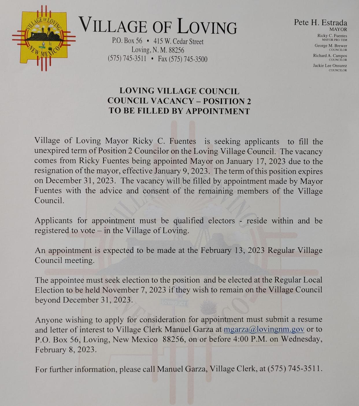 A Facebook post from the Village of Loving solicits a new member for the Village Council after Mayor Pro-Tem Ricky Fuentes replaced former Mayor Pete Estrada.