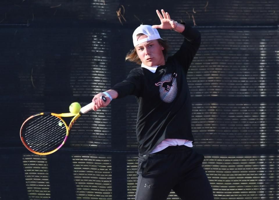 Coronado's Thomas Mann hits the ball in a boys doubles third-place match at the Region I-5A tennis tournament Tuesday, April 11, 2023, at Texas Tech's McLeod Tennis Center.